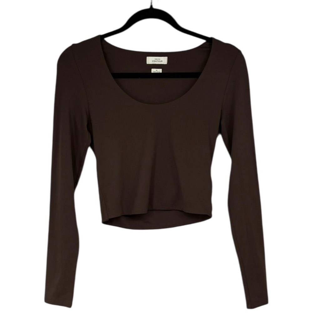 Aritzia Babaton Contour Espresso Brown Long Sleeve Crop Top Scoop Neck Size M